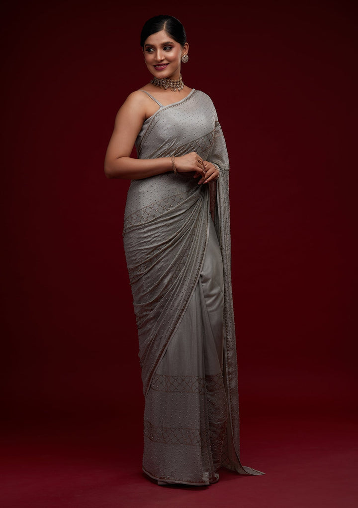 Grey Stonework Semi Crepe Designer Saree - Koskii