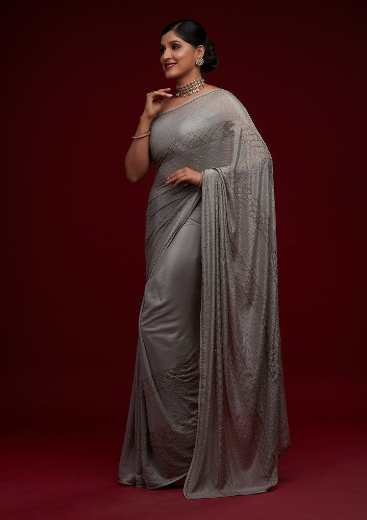 Grey Stonework Semi Crepe Designer Saree - Koskii