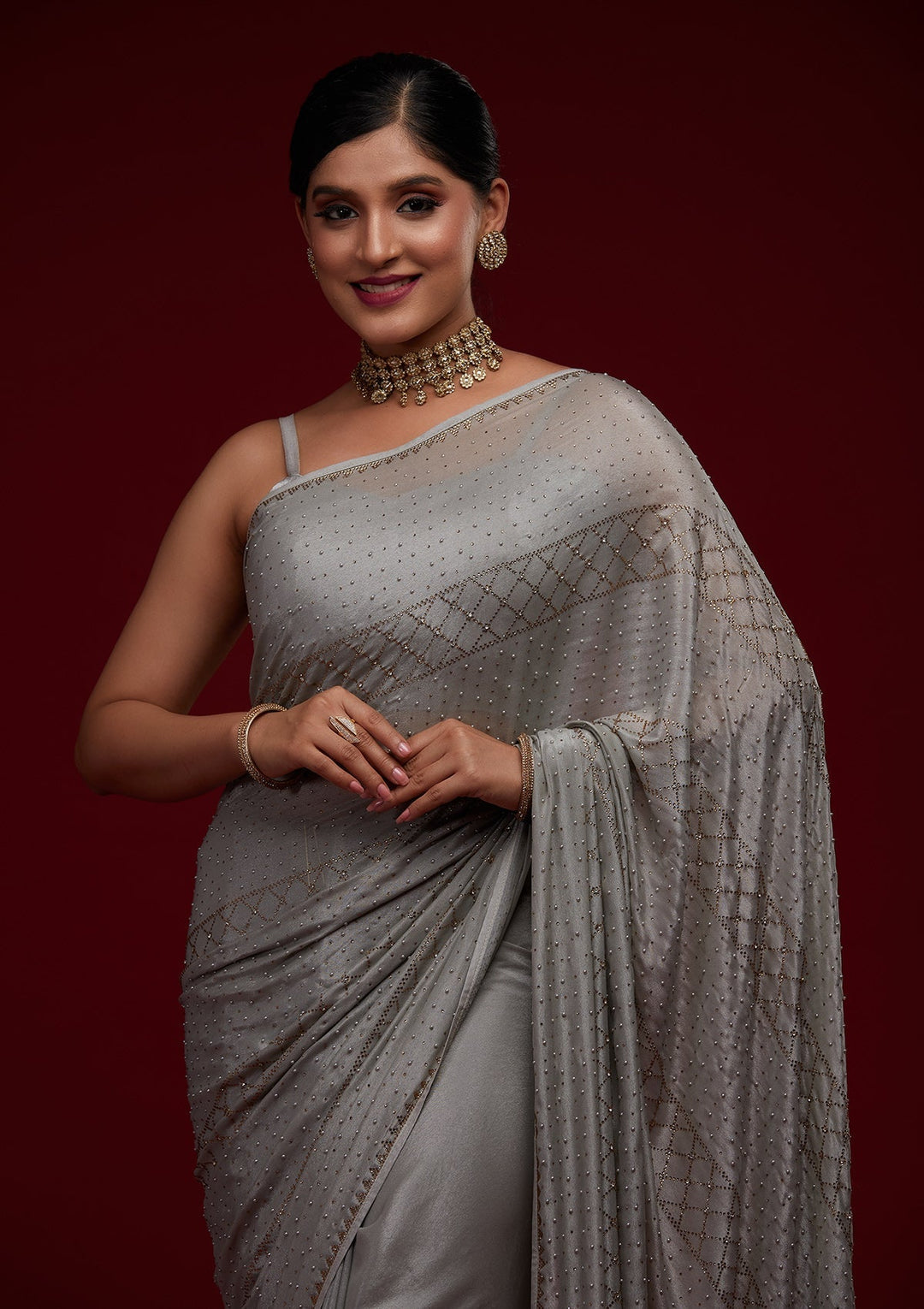 Grey Stonework Semi Crepe Designer Saree - Koskii