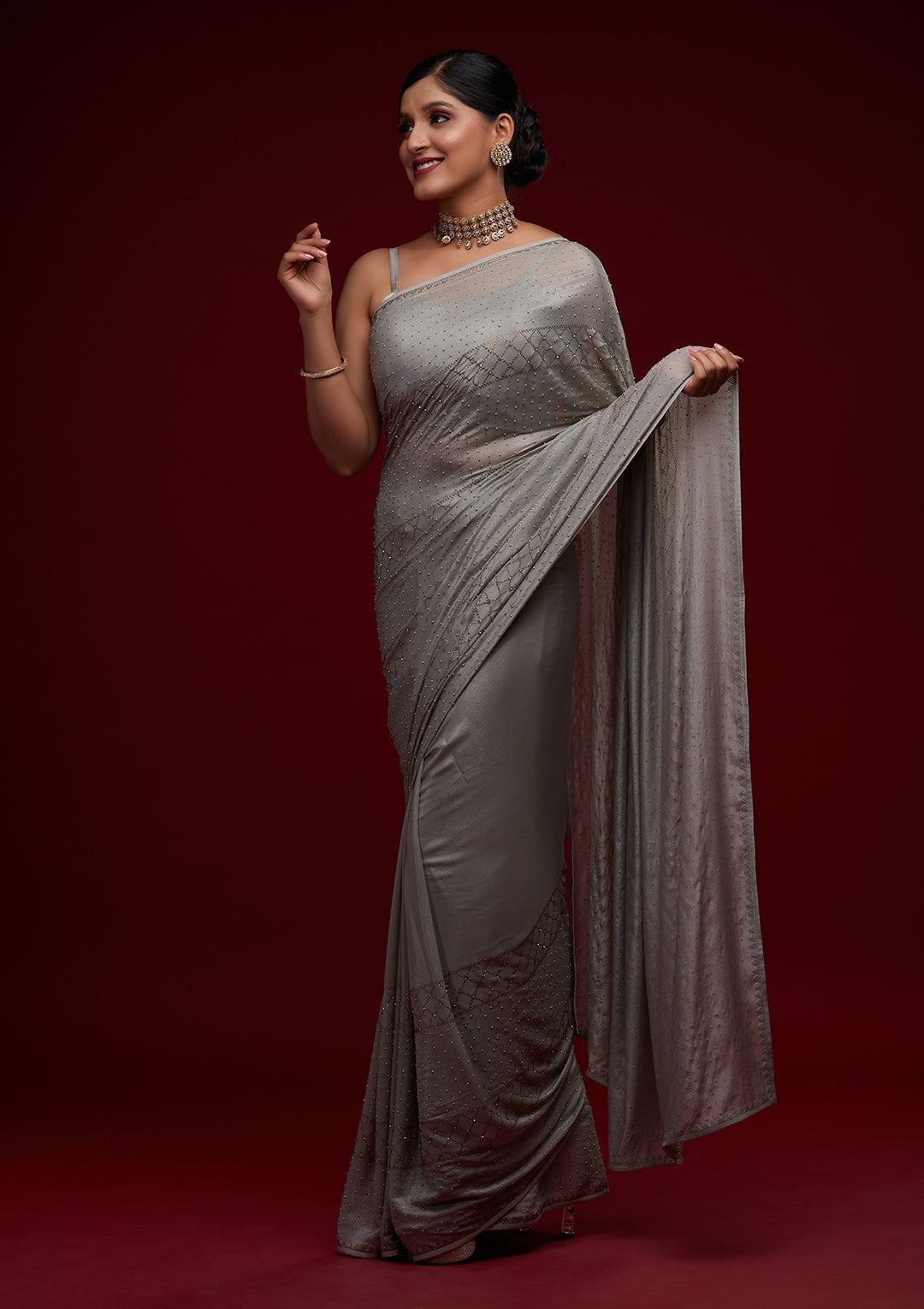 Grey Stonework Semi Crepe Designer Saree - Koskii