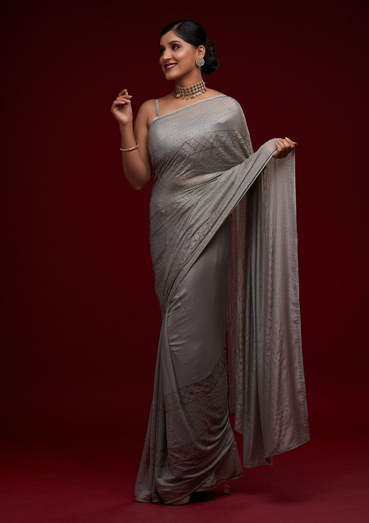 Grey Stonework Semi Crepe Designer Saree - Koskii