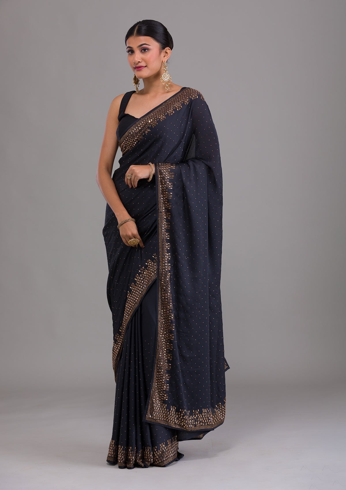 Grey Stonework Semi Crepe Unstitched Saree-Koskii