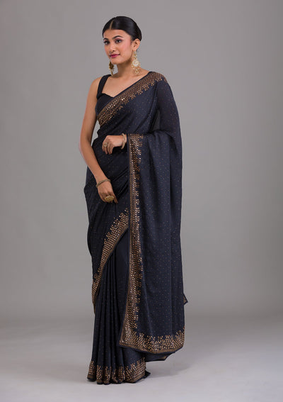 Grey Stonework Semi Crepe Unstitched Saree-Koskii