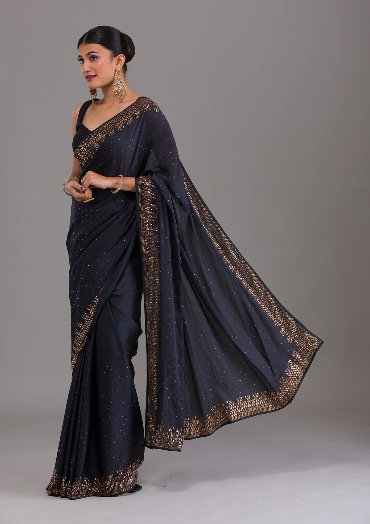 Grey Stonework Semi Crepe Saree-Koskii