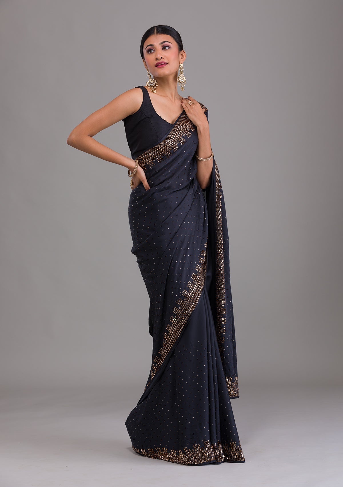 Grey Stonework Semi Crepe Unstitched Saree-Koskii