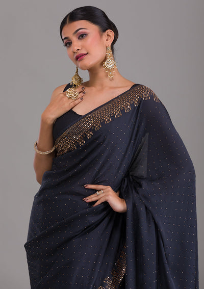 Grey Stonework Semi Crepe Unstitched Saree-Koskii