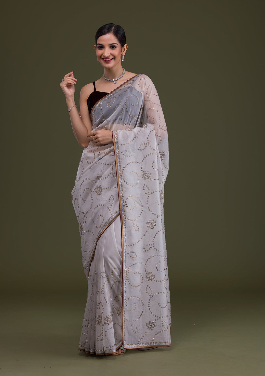 Grey Stonework Tissue Saree-Koskii