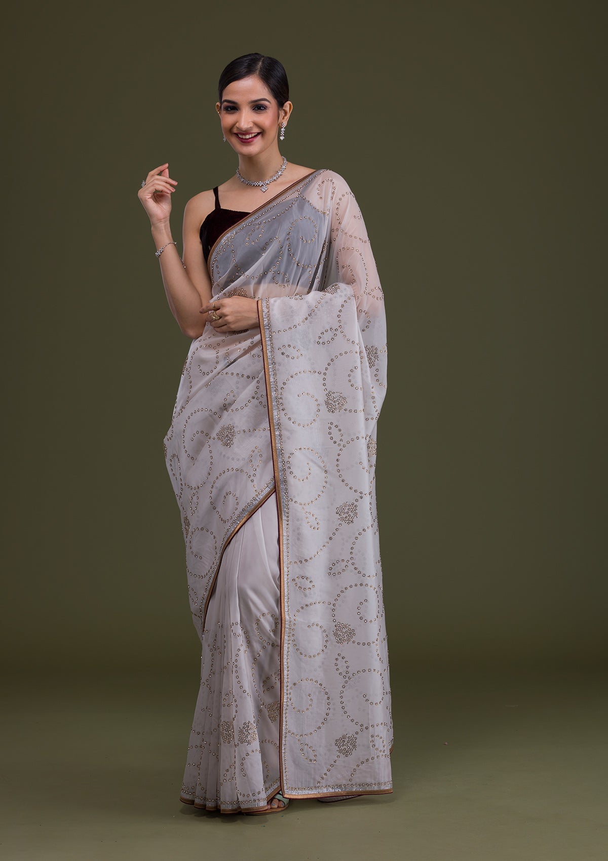 Grey Stonework Tissue Saree-Koskii