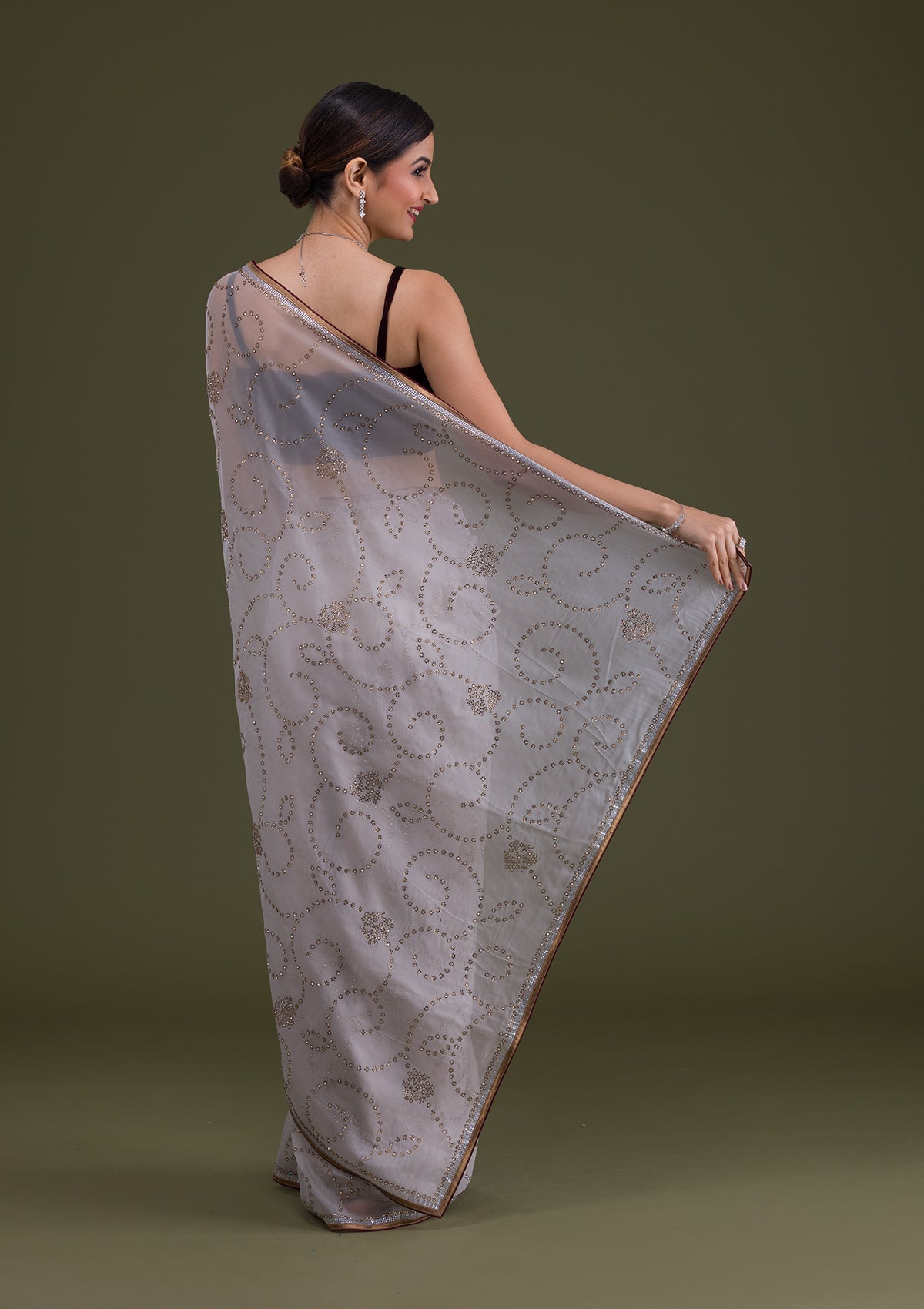 Grey Stonework Tissue Saree-Koskii