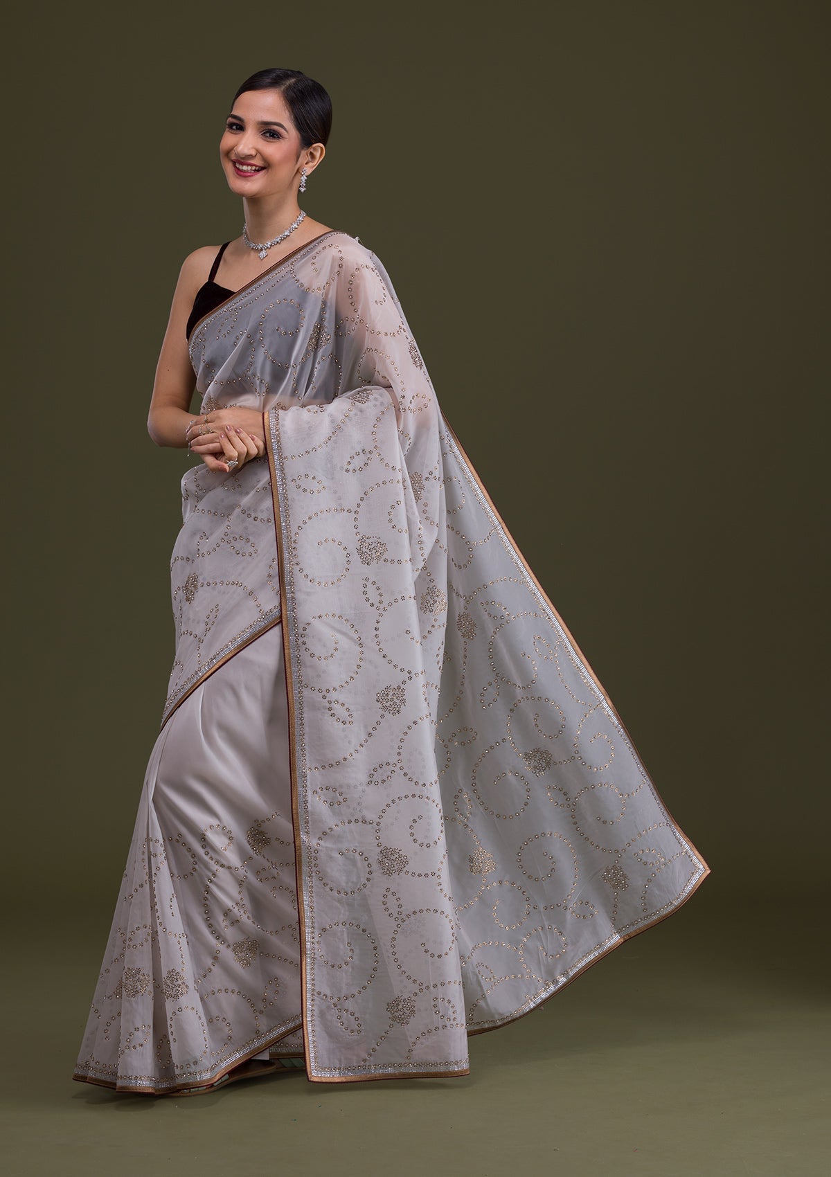 Grey Stonework Tissue Saree-Koskii