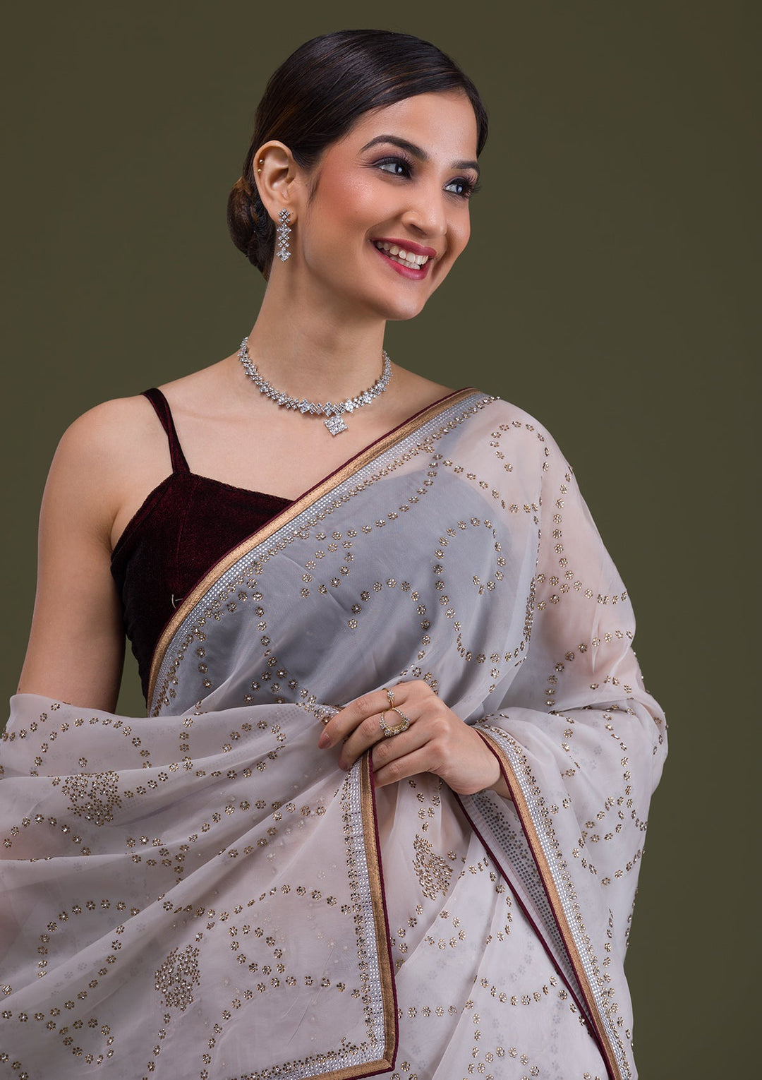 Grey Stonework Tissue Saree-Koskii