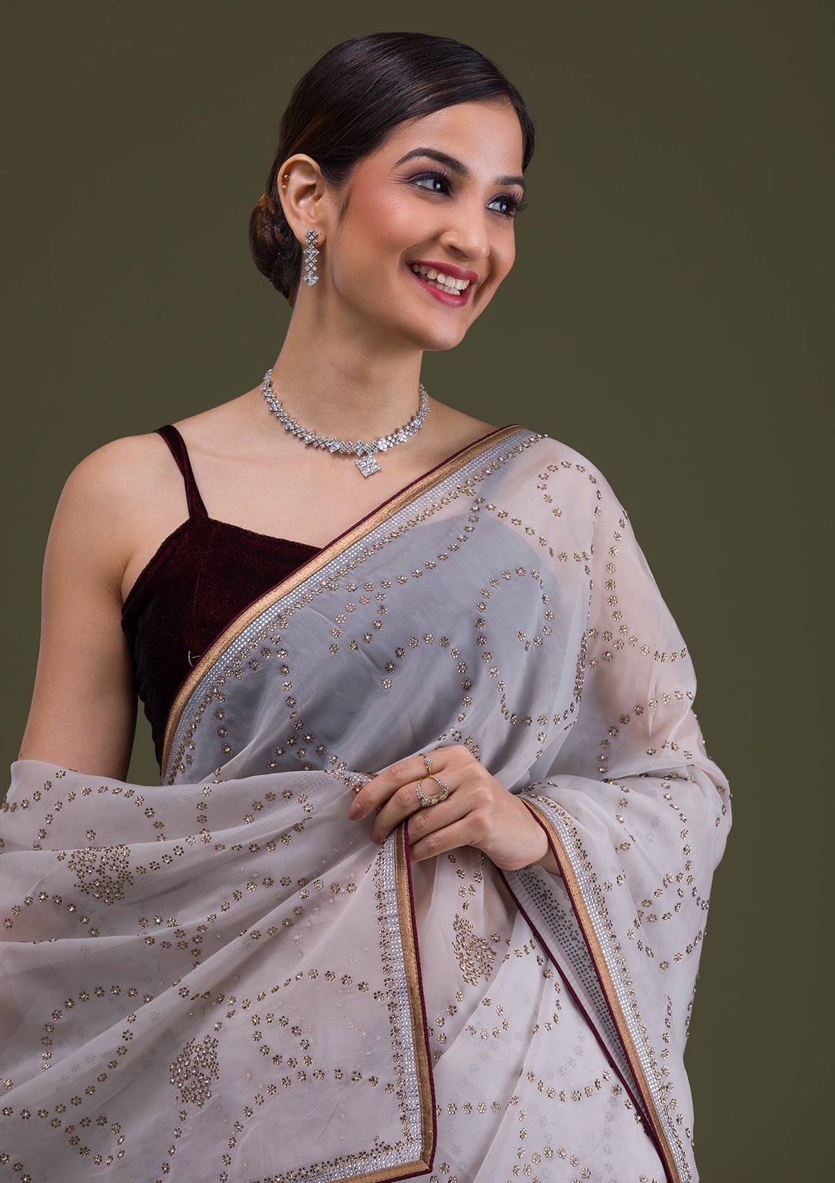 Grey Stonework Tissue Saree-Koskii