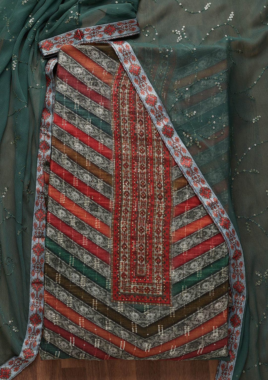 Grey Swarovski Semi Crepe Semi-Stitched Salwar Suit-Koskii