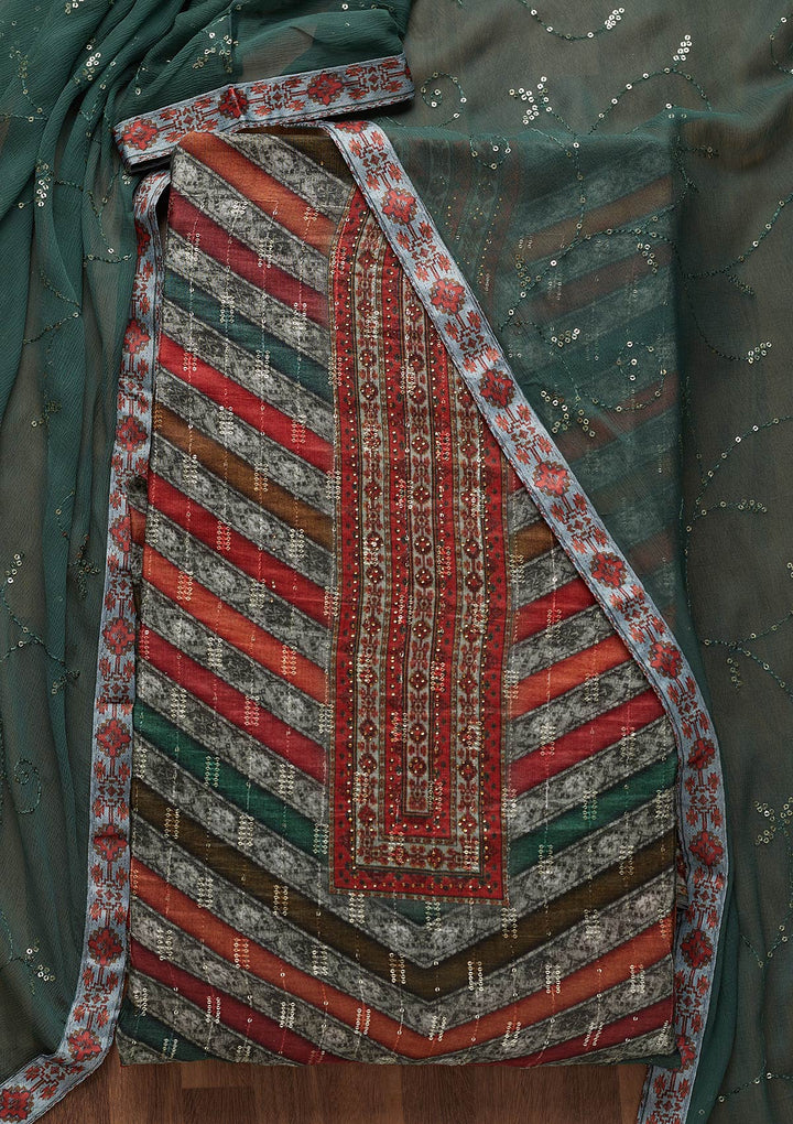 Grey Swarovski Semi Crepe Semi-Stitched Salwar Suit-Koskii