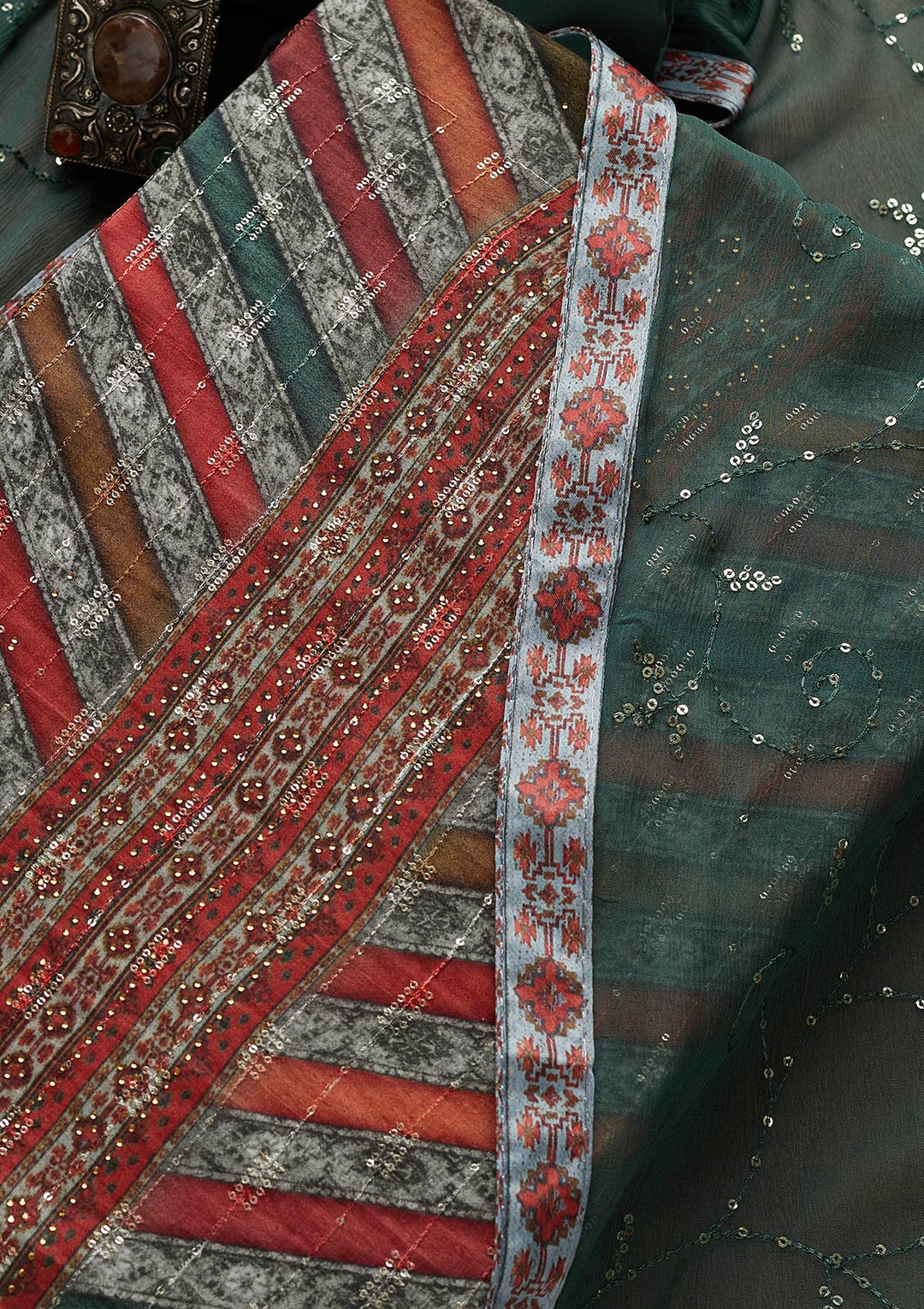 Grey Swarovski Semi Crepe Semi-Stitched Salwar Suit-Koskii