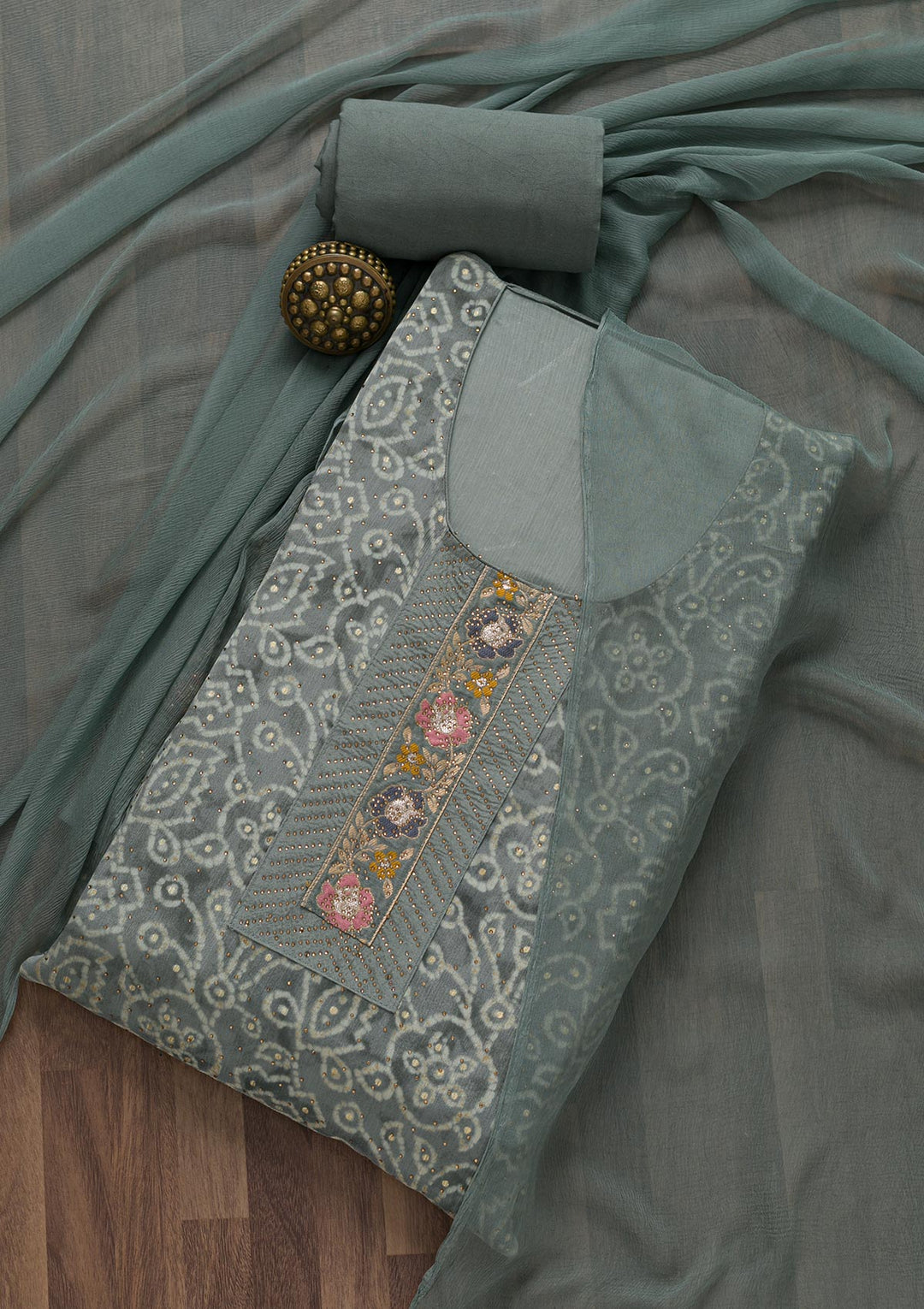 Grey Semi Crepe Swarovski Unstitched Salwar Suit-koskii
