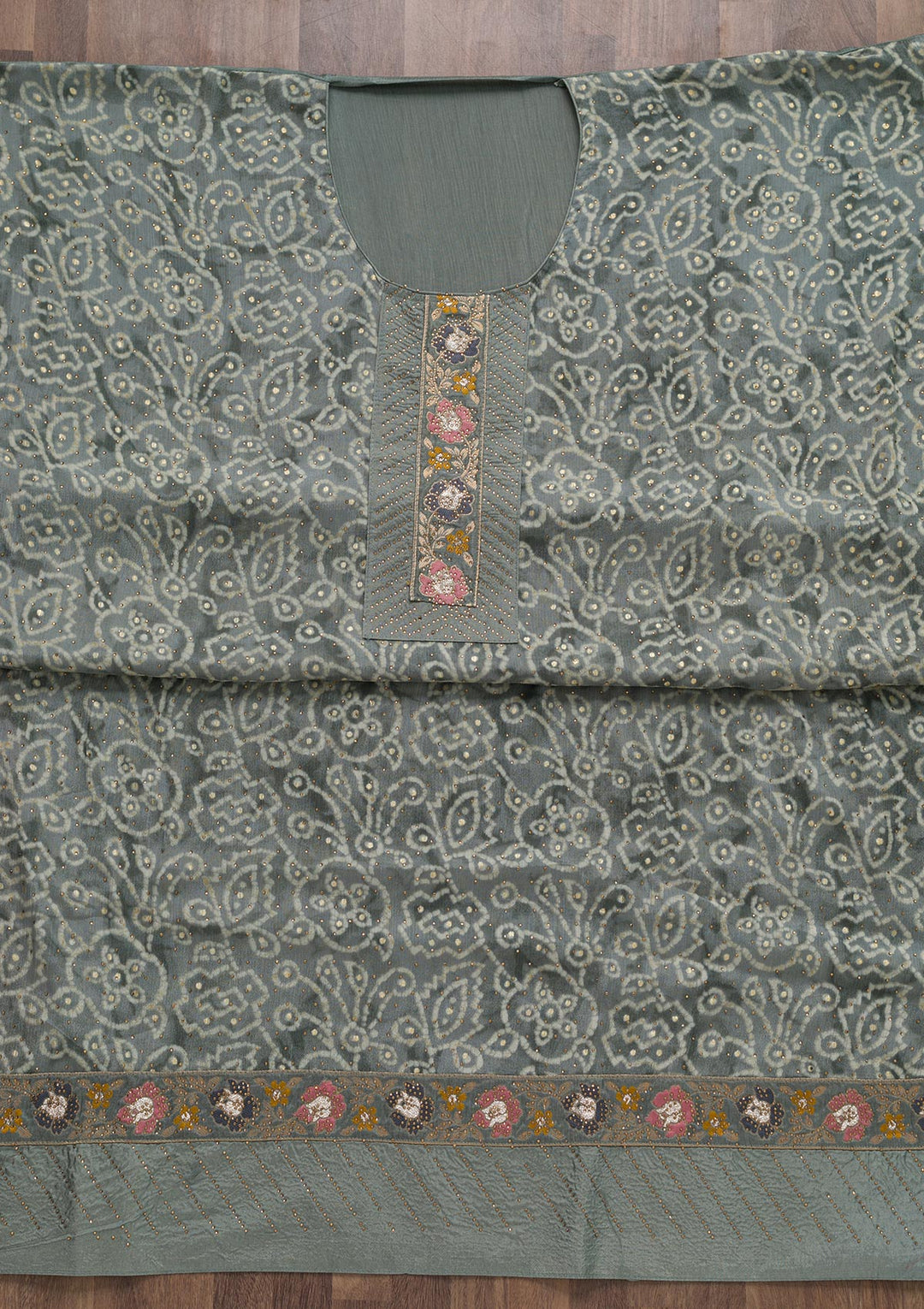 Grey Semi Crepe Swarovski Unstitched Salwar Suit-koskii