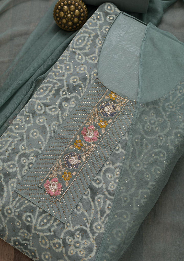 Grey Semi Crepe Swarovski Unstitched Salwar Suit-koskii
