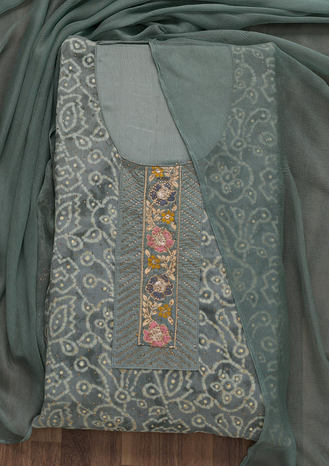 Grey Semi Crepe Swarovski Unstitched Salwar Suit-koskii