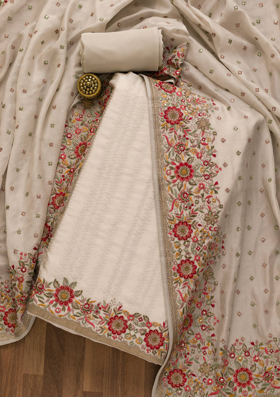Grey Threadwork Crepe Unstitched Salwar Kameez-Koskii