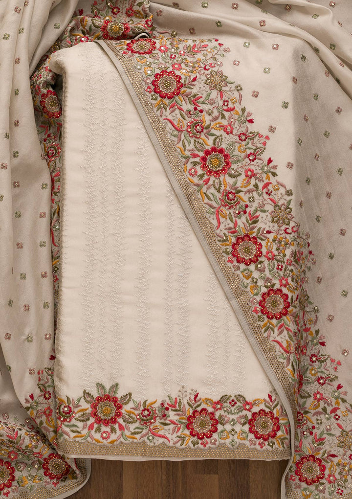 Grey Threadwork Crepe Unstitched Salwar Kameez-Koskii