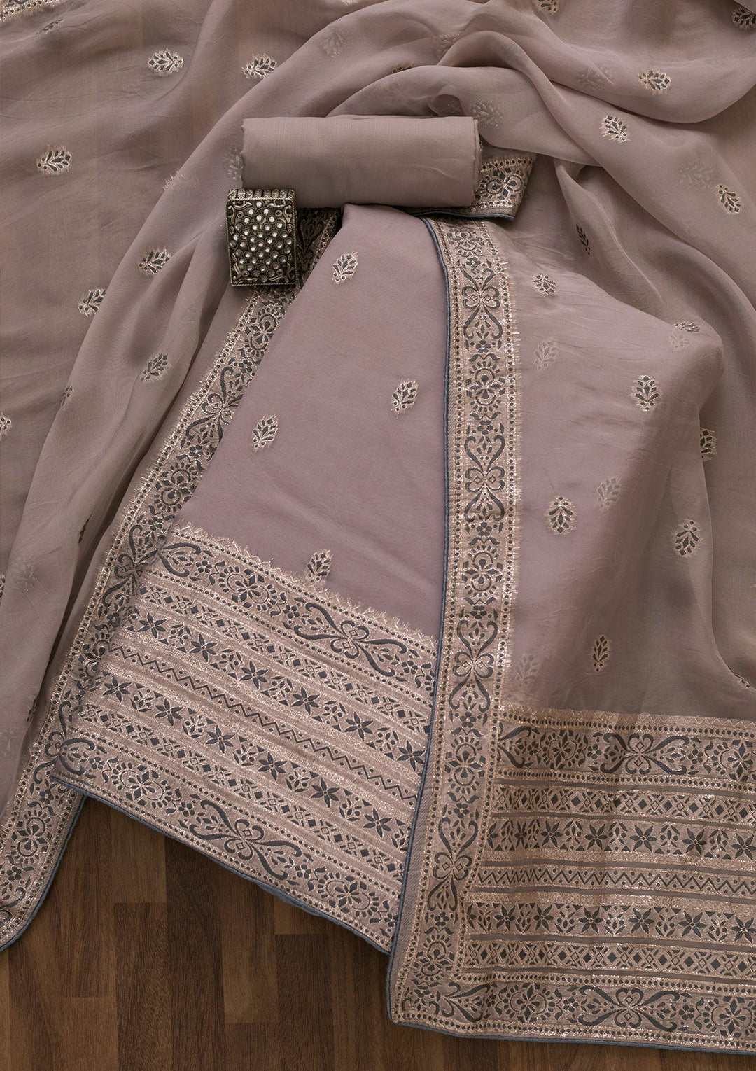 Grey Threadwork Cotton Unstitched Salwar Suit-Koskii