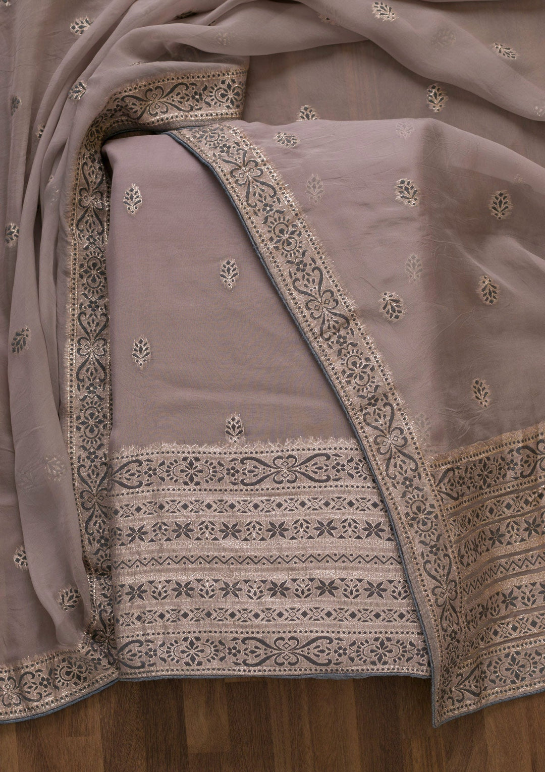 Grey Threadwork Cotton Unstitched Salwar Suit-Koskii