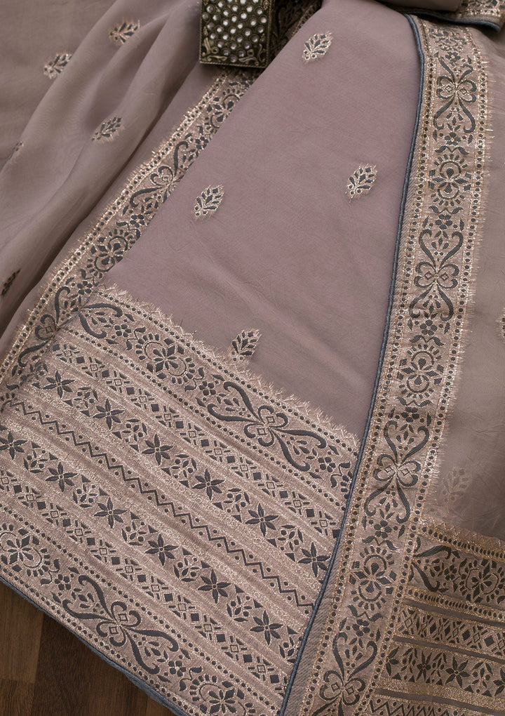 Grey Threadwork Cotton Unstitched Salwar Suit-Koskii