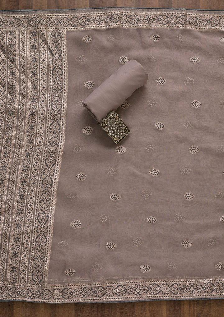 Grey Threadwork Cotton Unstitched Salwar Suit-Koskii