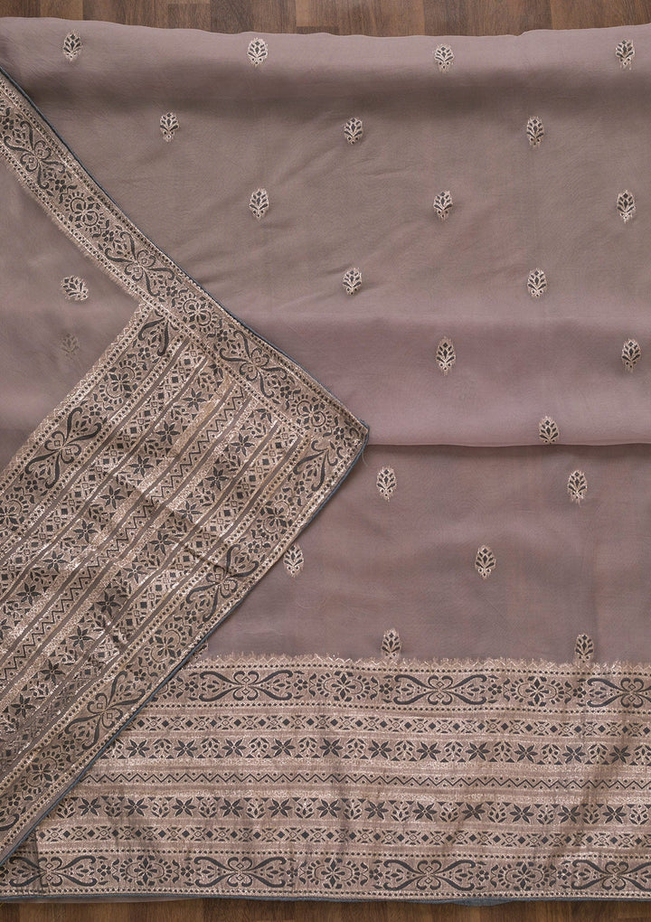 Grey Threadwork Cotton Unstitched Salwar Suit-Koskii