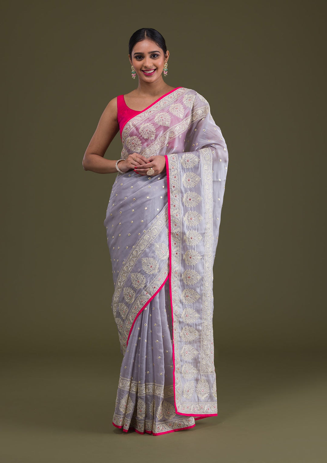 Grey Threadwork Organza Saree-Koskii