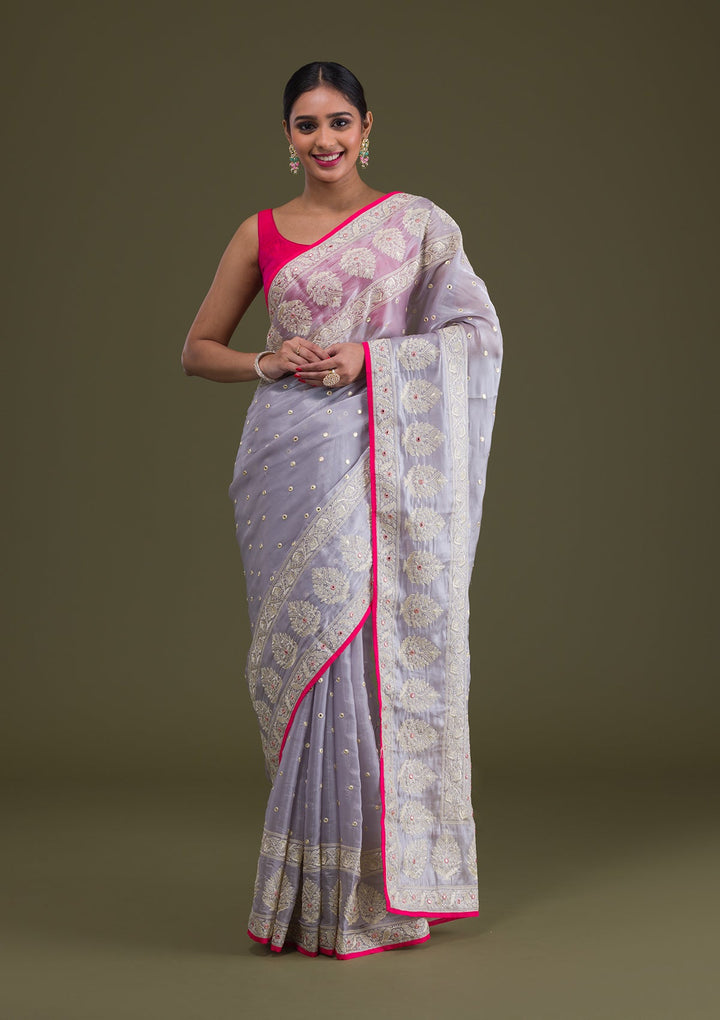 Grey Threadwork Organza Saree-Koskii