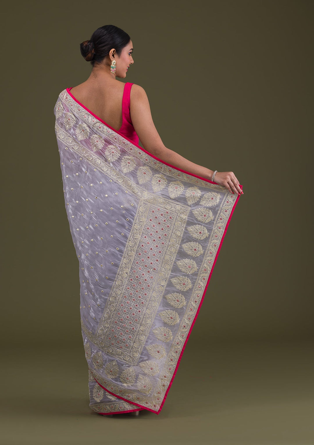 Grey Threadwork Organza Saree-Koskii