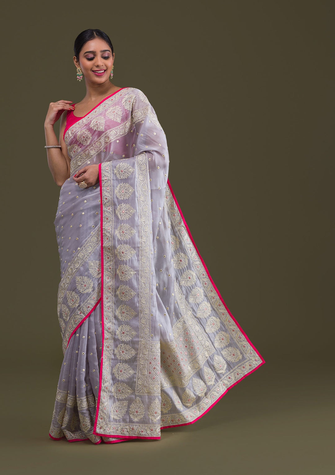 Grey Threadwork Organza Saree-Koskii