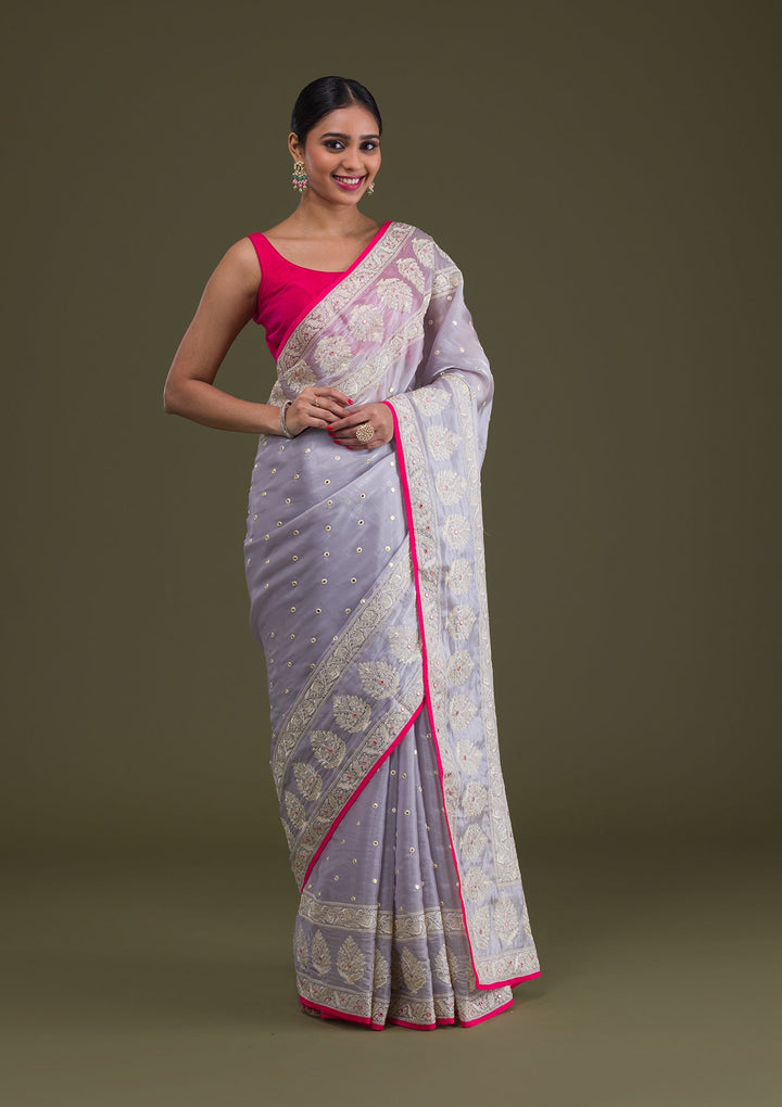 Grey Threadwork Organza Saree-Koskii