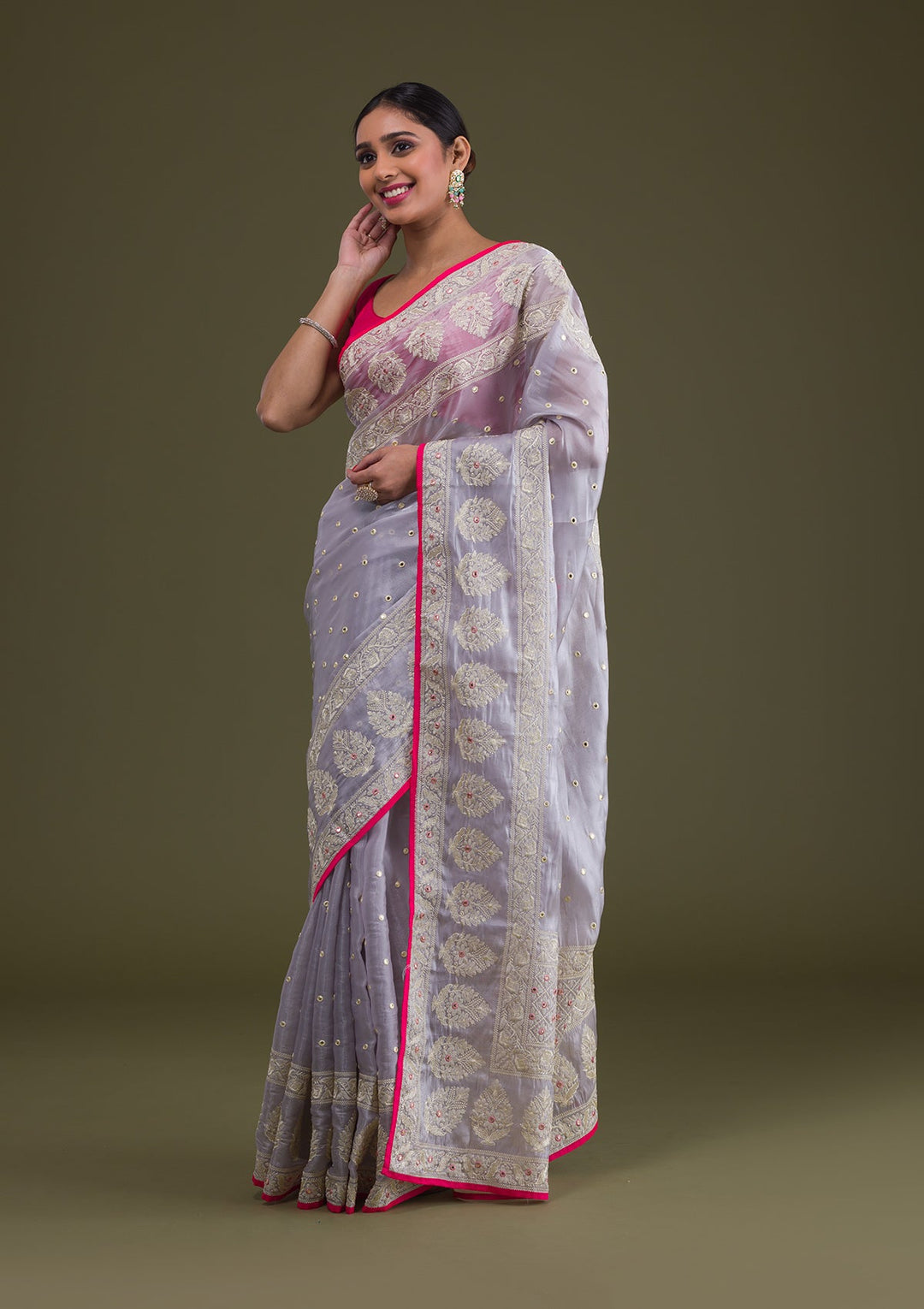 Grey Threadwork Organza Saree-Koskii