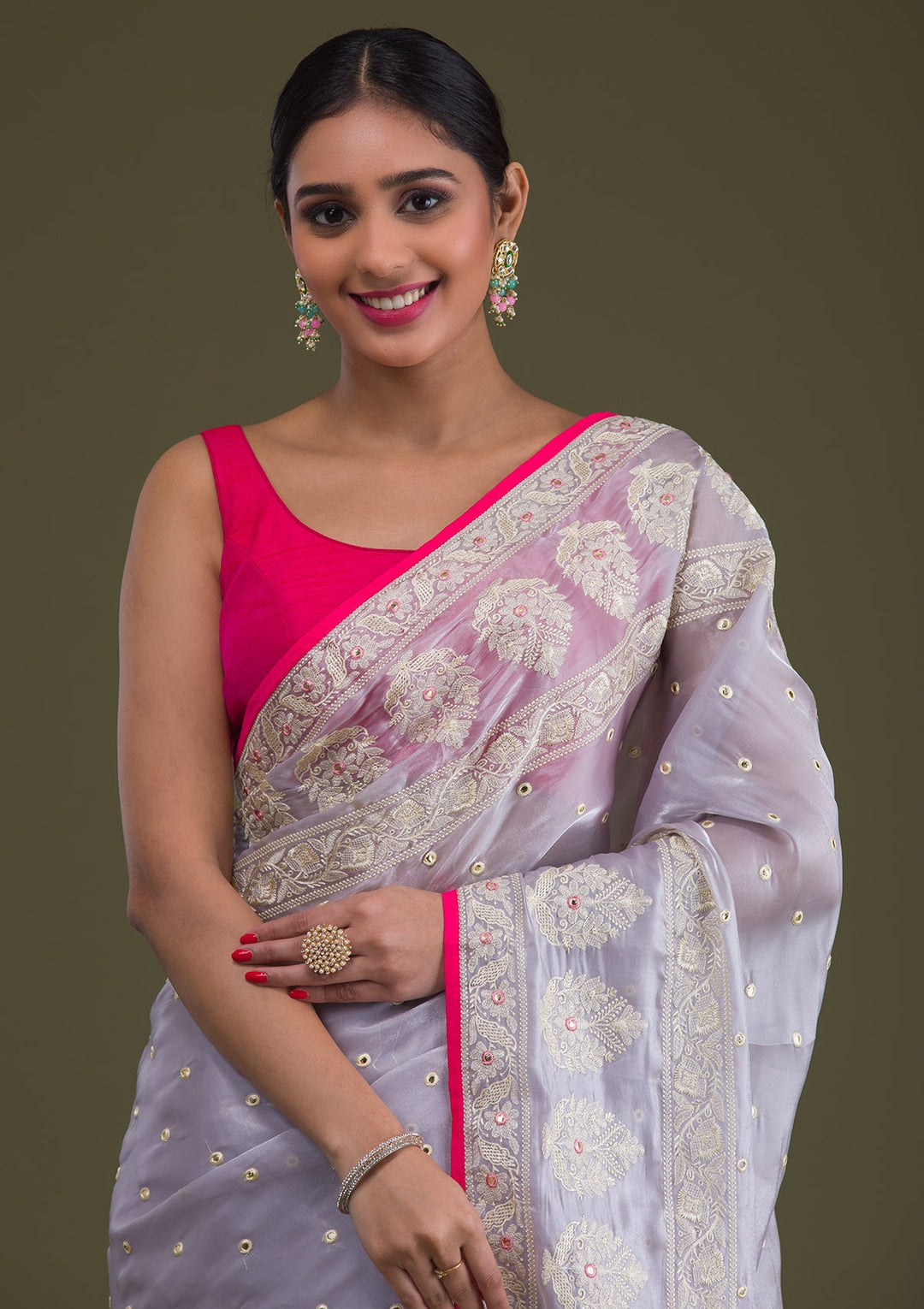 Grey Threadwork Organza Saree-Koskii