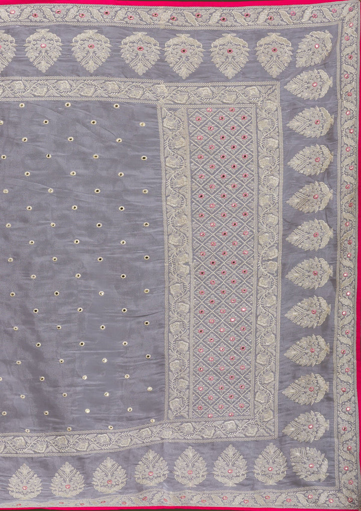 Grey Threadwork Organza Saree-Koskii