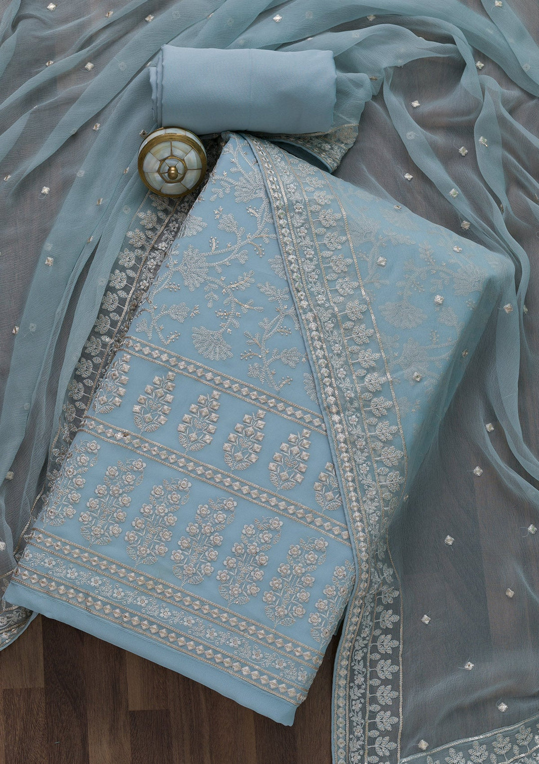 Grey Threadwork Georgette Unstitched Salwar Suit-Koskii