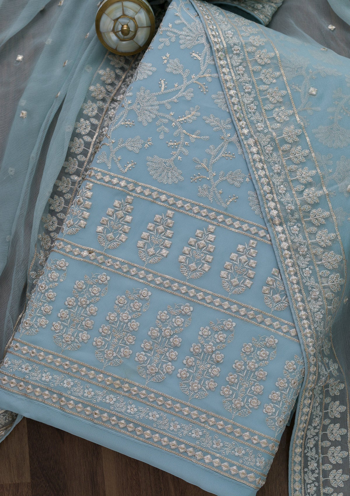 Grey Threadwork Georgette Unstitched Salwar Suit-Koskii