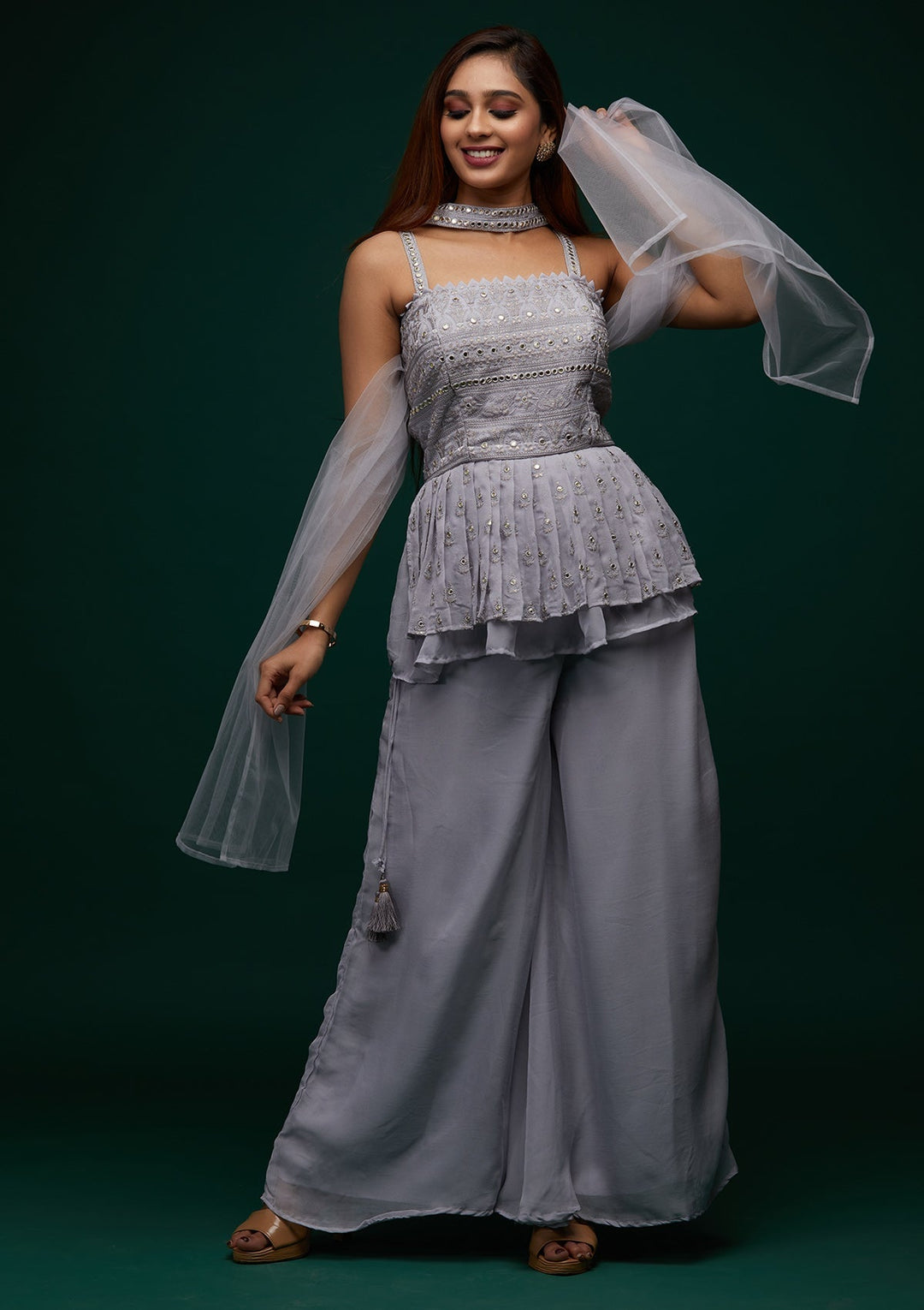 Grey Threadwork Georgette Designer Salwar Suit - Koskii