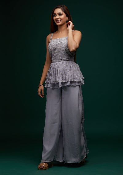 Grey Threadwork Georgette Designer Salwar Suit - Koskii