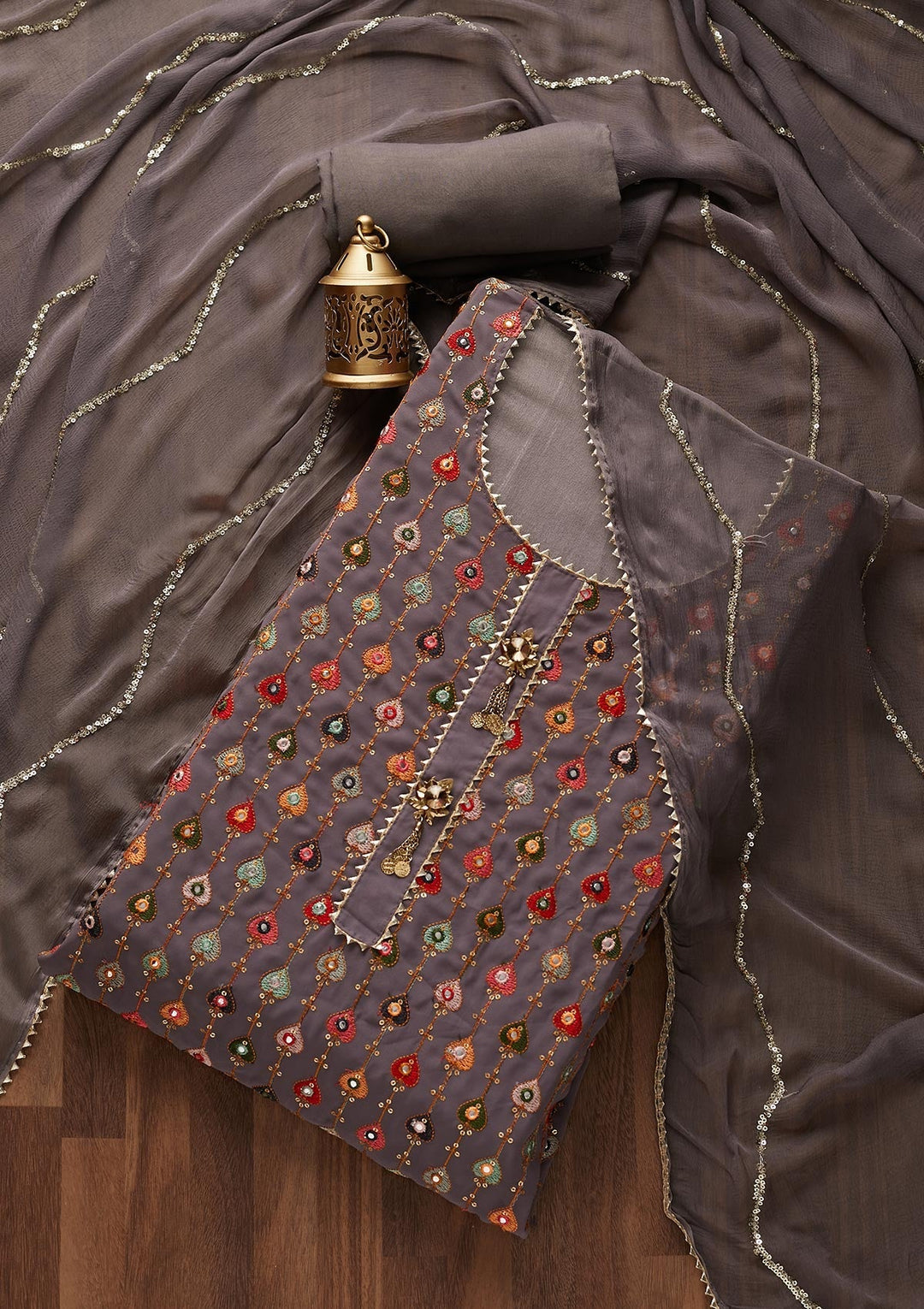 Grey Threadwork Georgette Designer Semi-Stitched Salwar Suit - Koskii