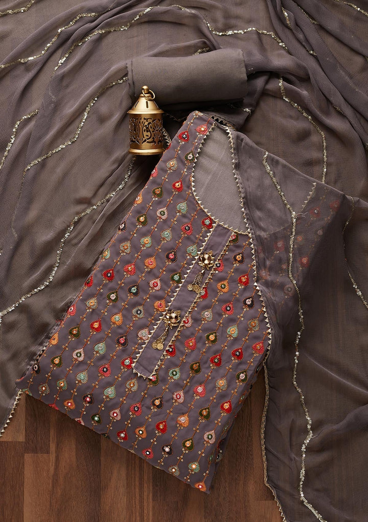 Grey Threadwork Georgette Designer Semi-Stitched Salwar Suit - Koskii
