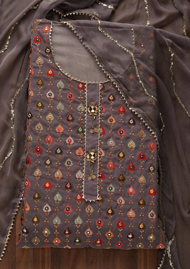 Grey Threadwork Georgette Designer Semi-Stitched Salwar Suit - Koskii