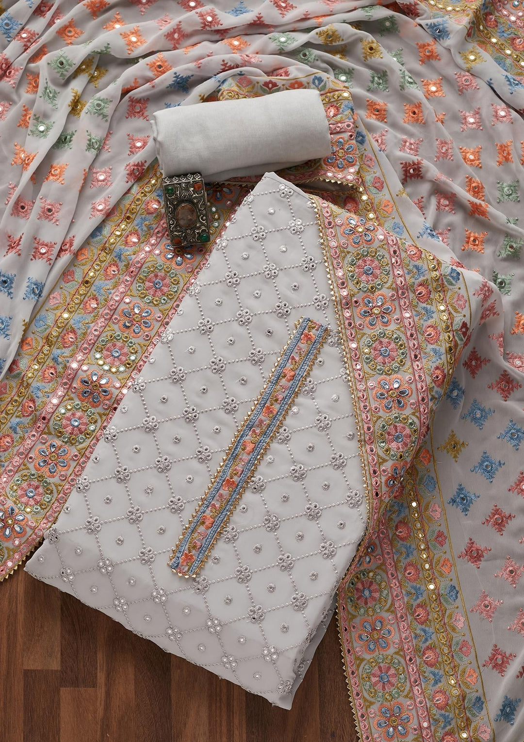 Grey Threadwork Georgette Unstitched Salwar Suit - Koskii