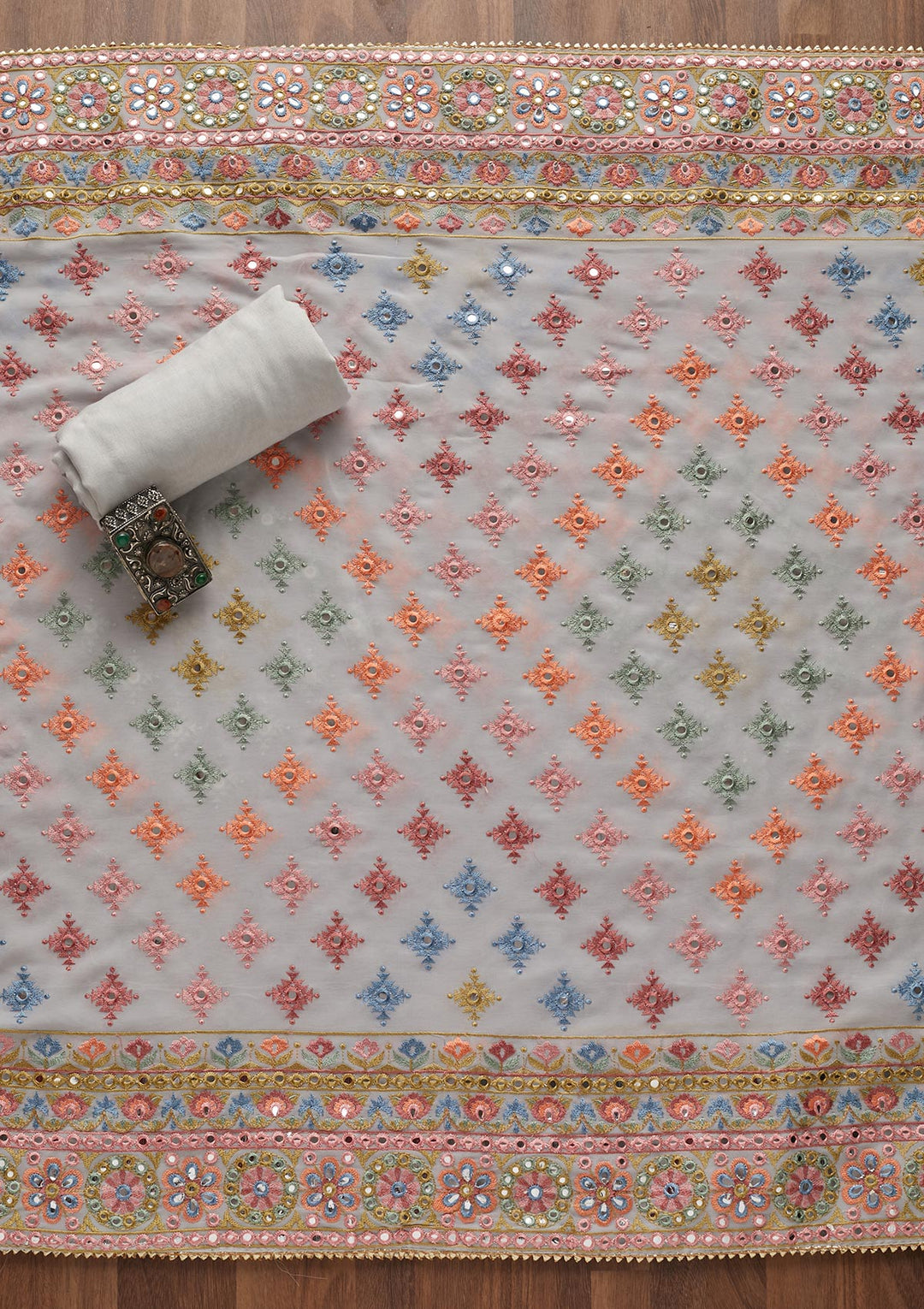 Grey Threadwork Georgette Unstitched Salwar Suit - Koskii