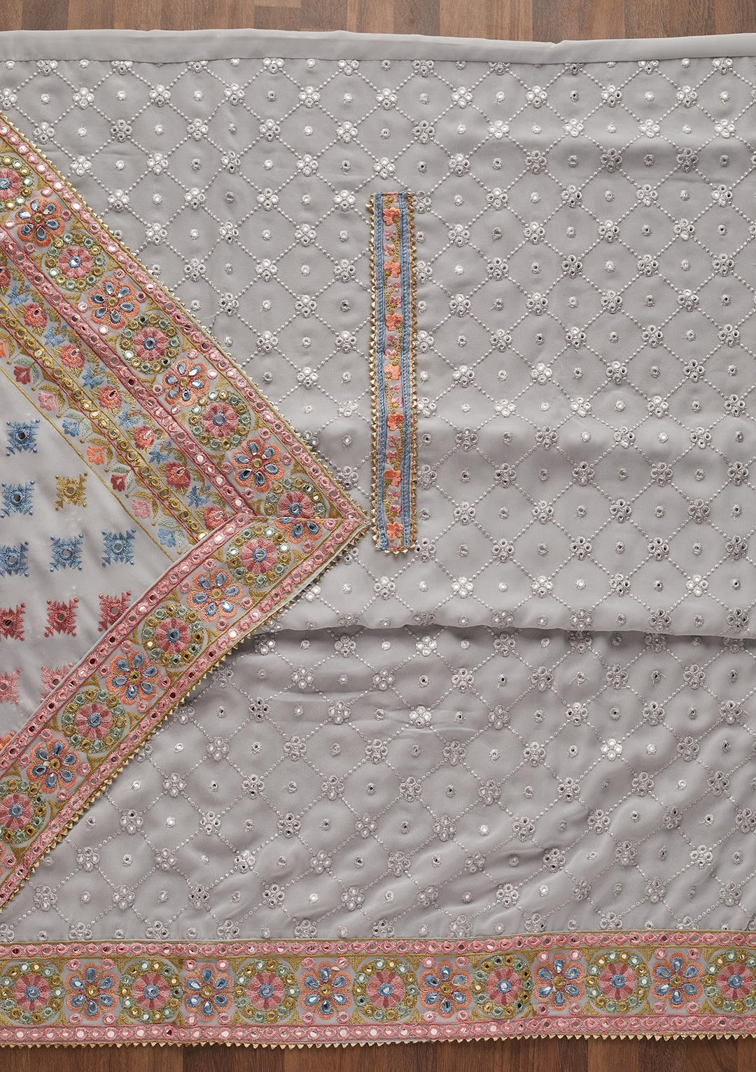 Grey Threadwork Georgette Unstitched Salwar Suit - Koskii