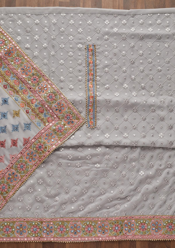 Grey Threadwork Georgette Unstitched Salwar Suit - Koskii