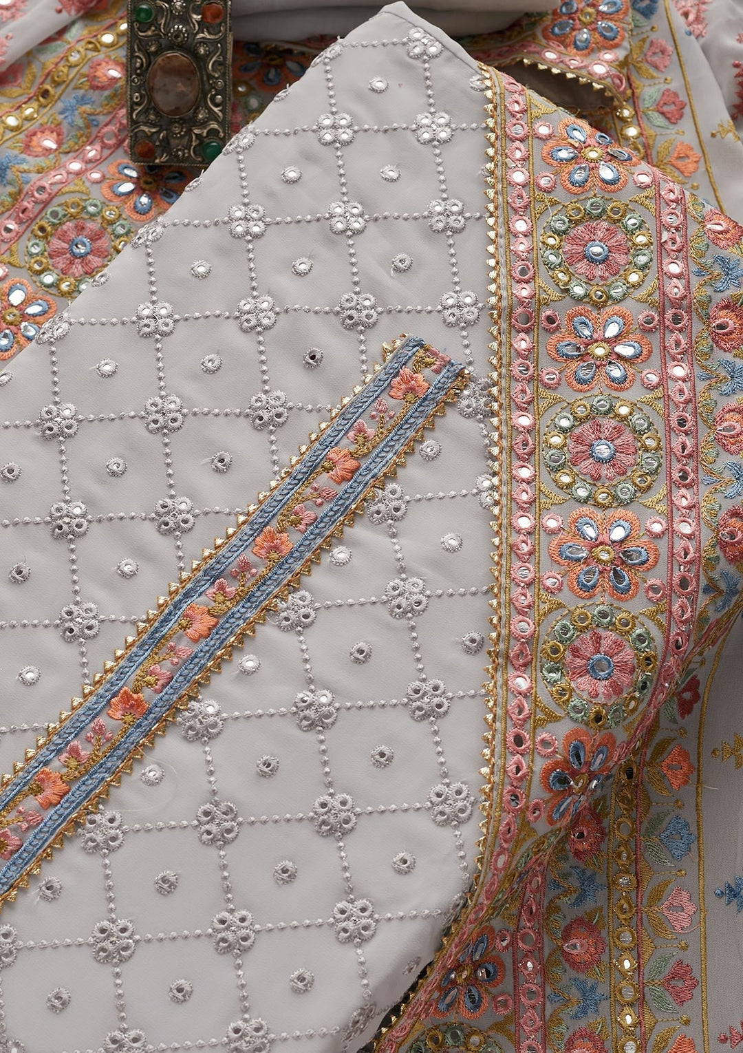 Grey Threadwork Georgette Unstitched Salwar Suit - Koskii